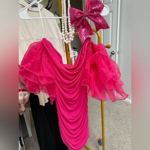 Hot pink off the shoulder puff sleeve bodycon dress